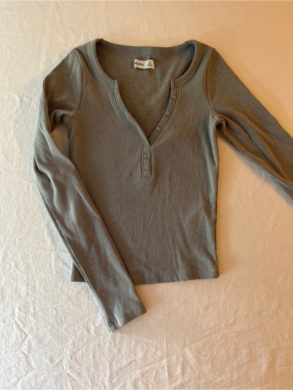 Hollister Olive Ribbed Long-Sleeve Henley Top